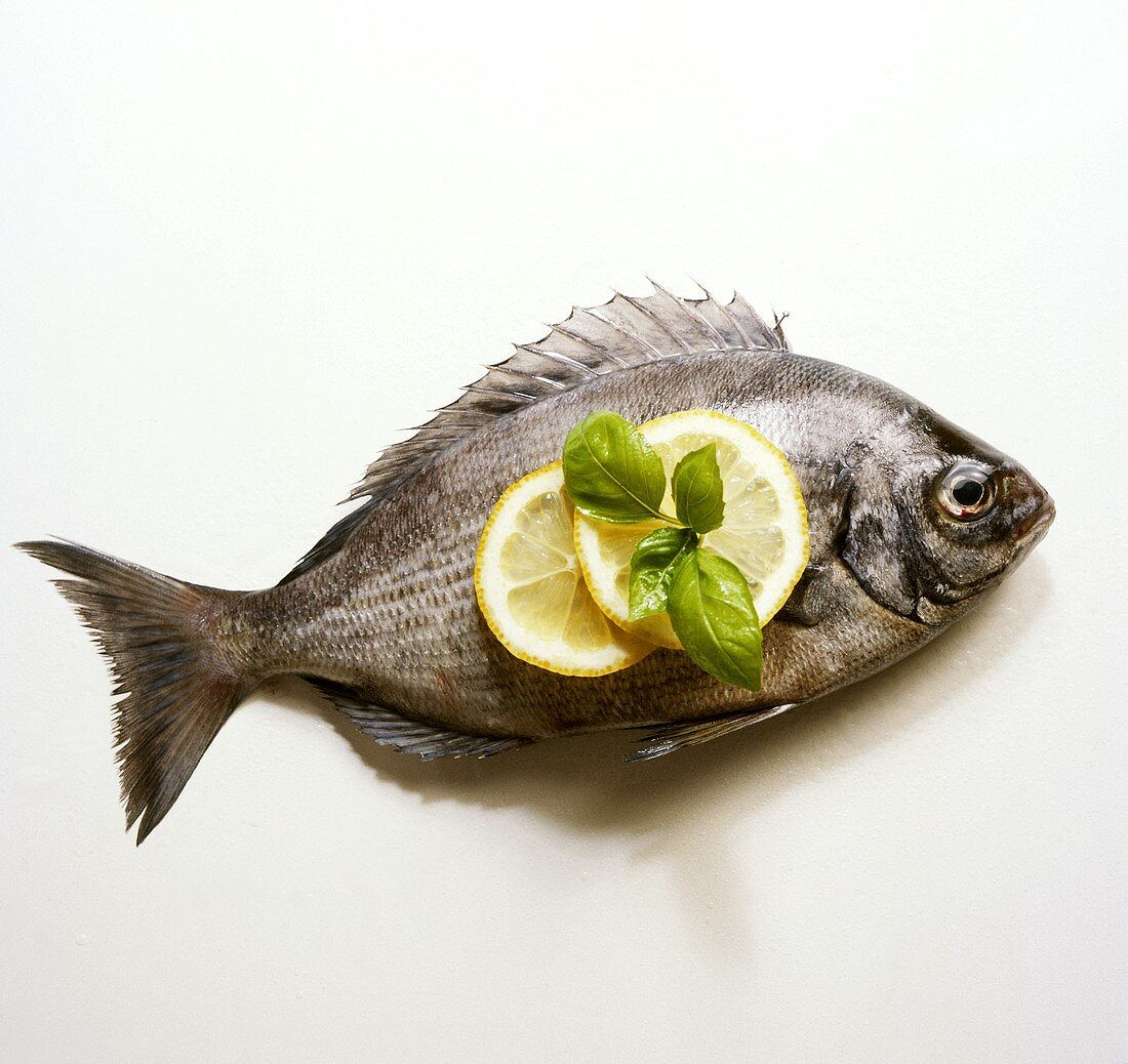 A Fresh Whole River Bream with Lemon Slices