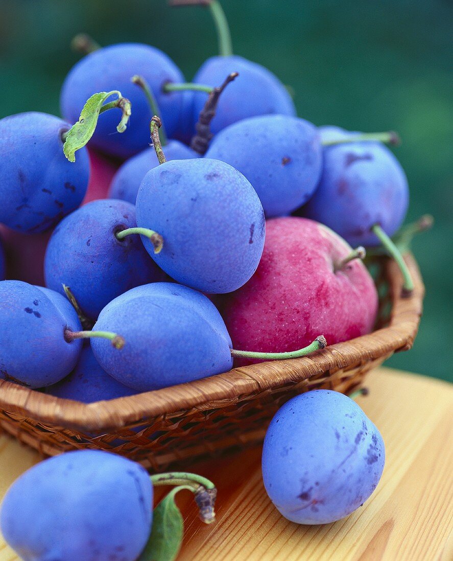 Plums and apples in a wicker bowl