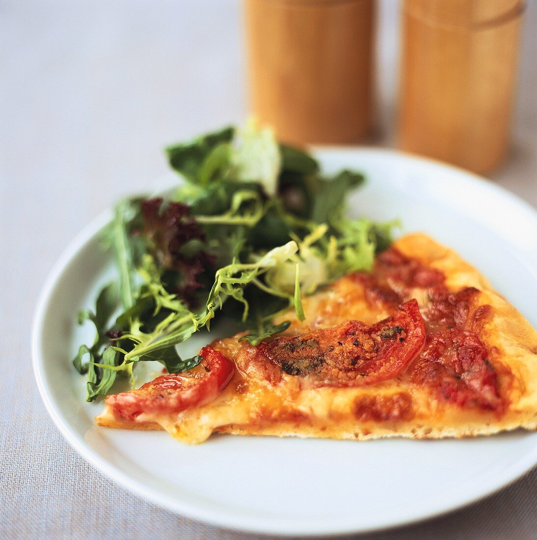 A piece of pizza Margherita with salad garnish