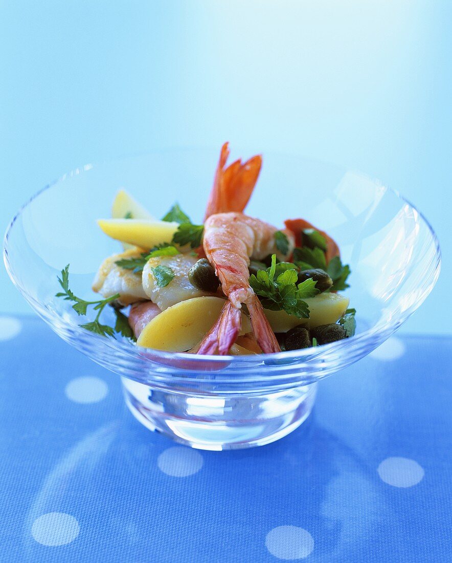 Shrimp salad in glass bowl