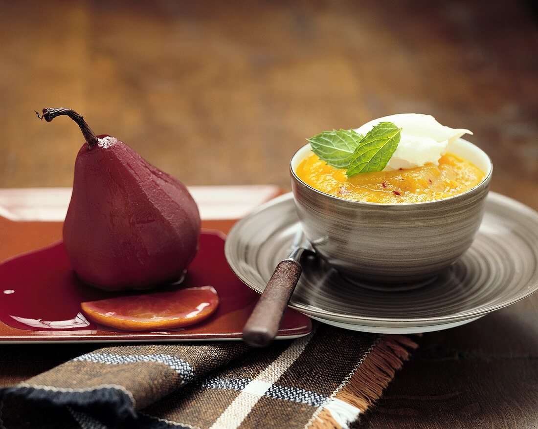 Pear in red wine and apple puree with saffron