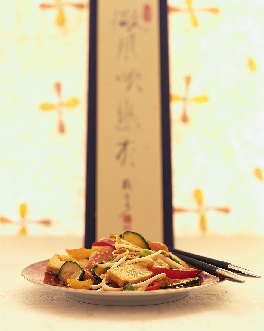 Tofu slices with vegetables and sesame