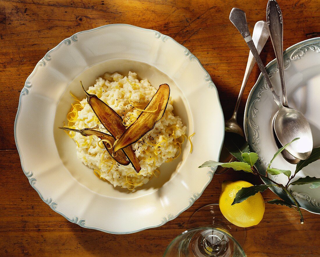 Lemon risotto with baby aubergines