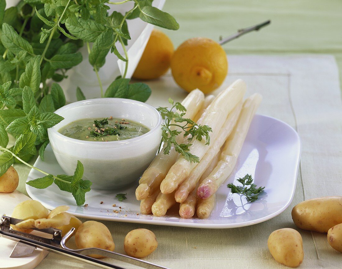 White asparagus with herb sauce