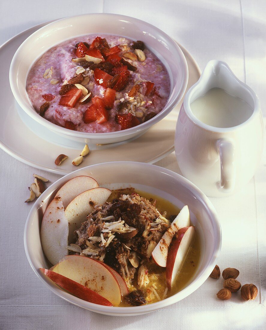 Porridge with apple and muesli with strawberries and nuts