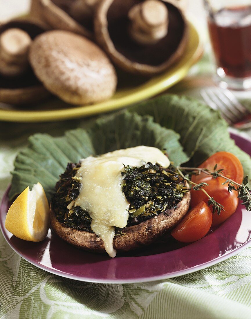 Giant mushroom with spinach and toasted cheese topping