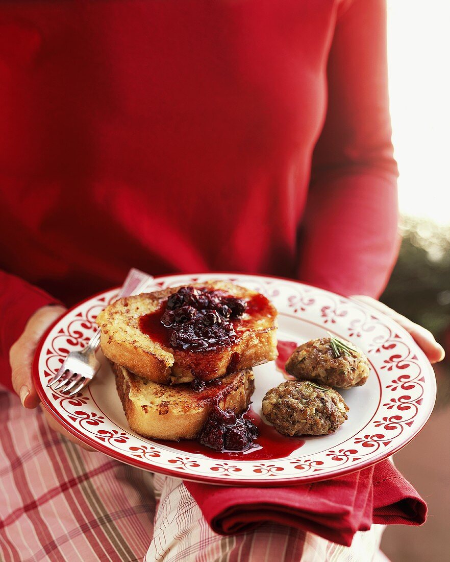 French toast with berry sauce and meatballs