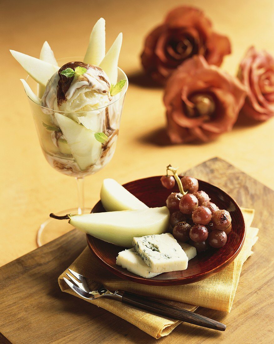 Gorgonzola with pears and grapes and ice cream sundae
