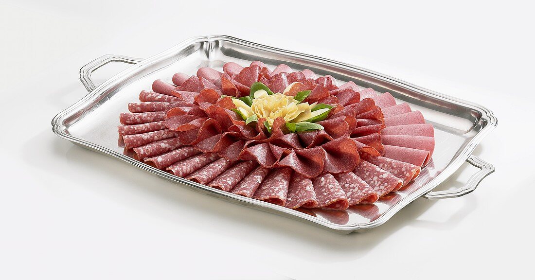 Salami platter on a silver tray