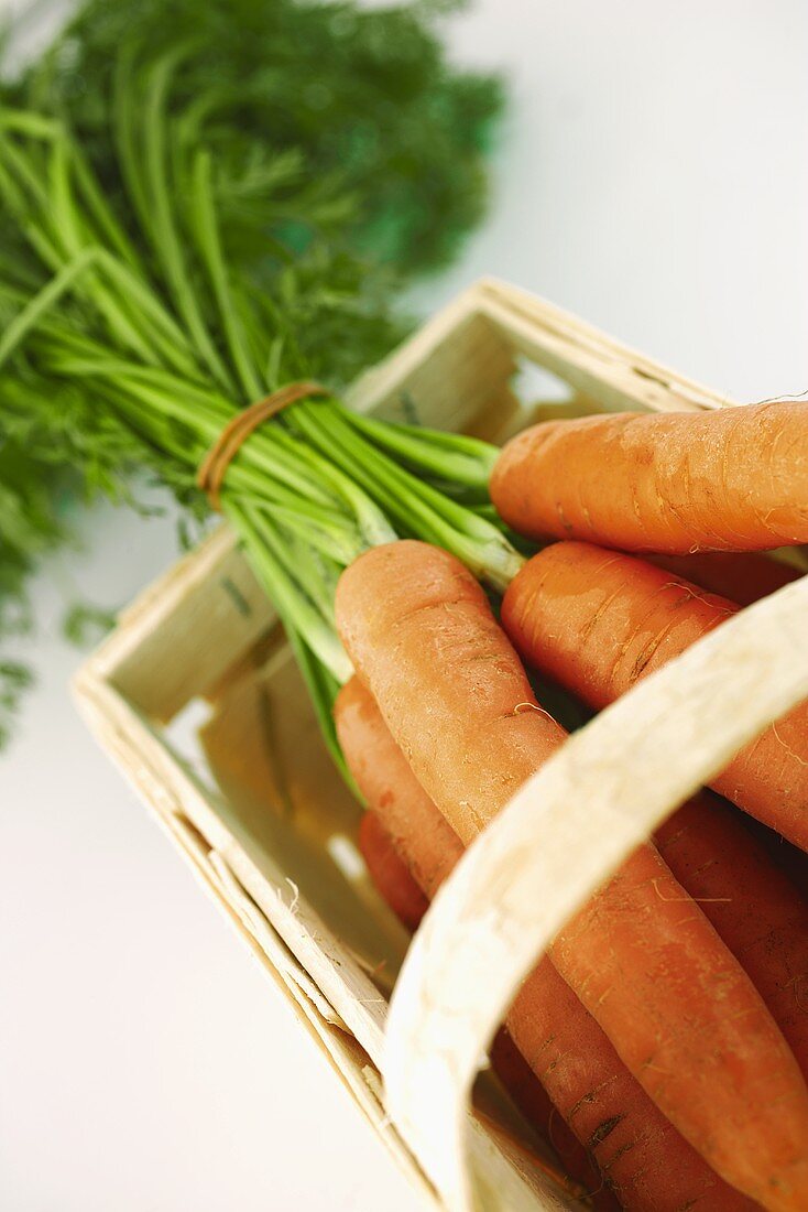 A bunch of carrots in a woodchip basket