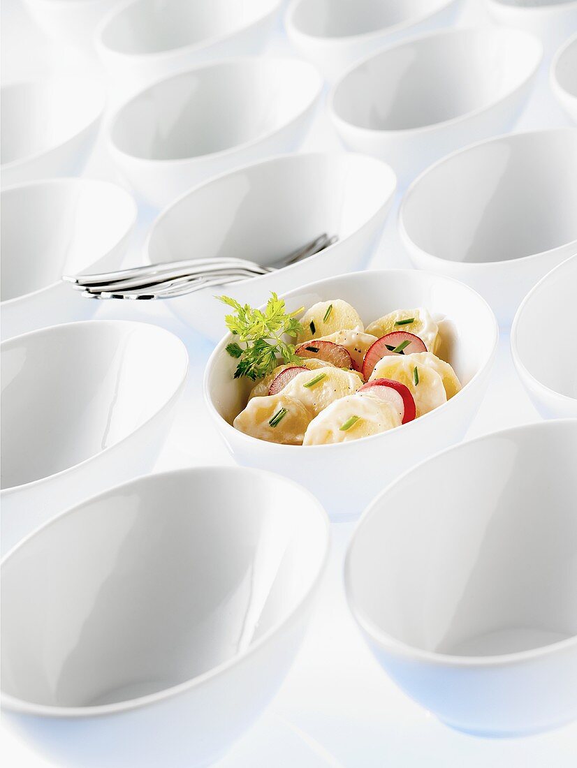 Potato salad in a bowl among empty bowls