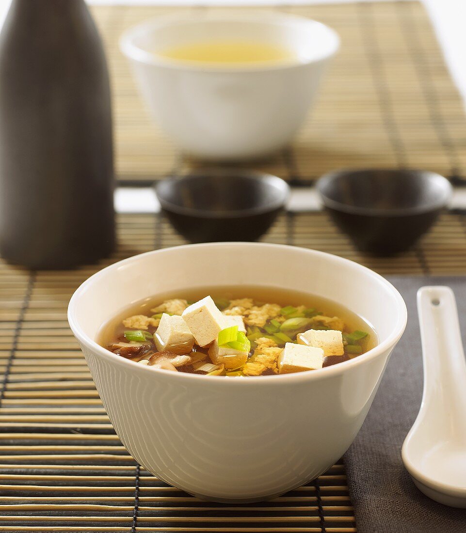 Japanese beef broth with tofu cubes