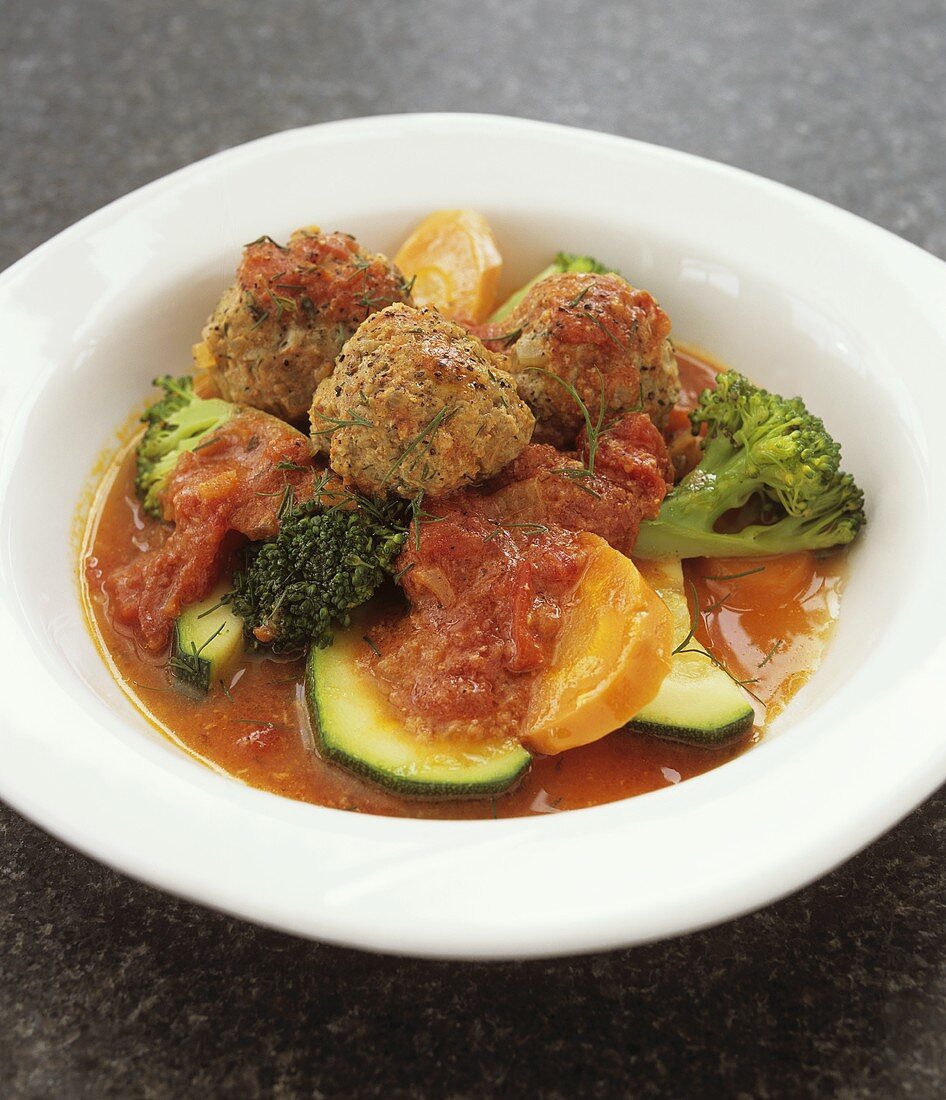 Meatballs with vegetables in tomato sauce