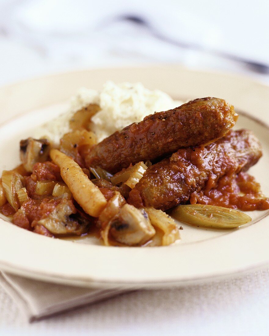Sausage with mashed potato and tomato and mushroom sauce