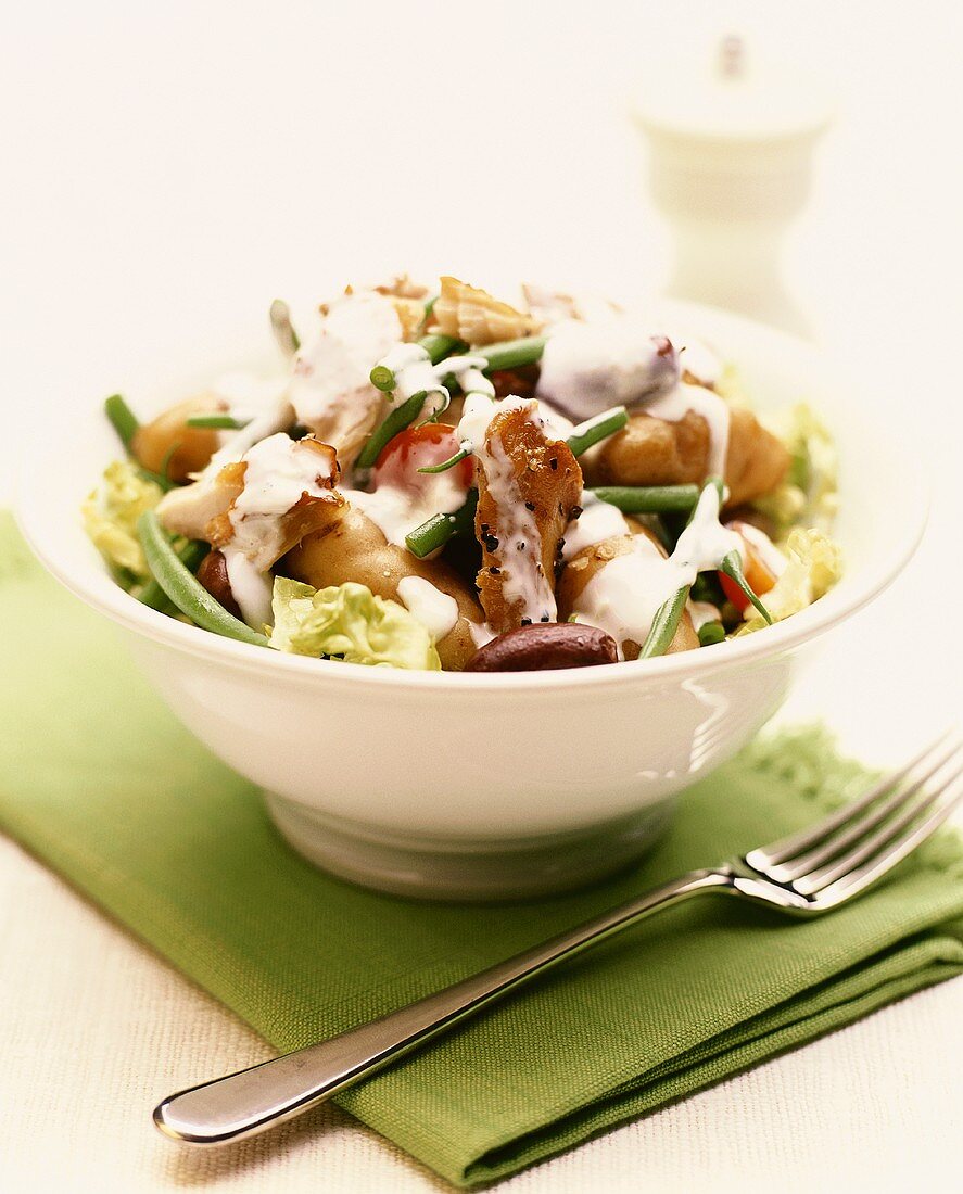 Vegetable salad with chicken and yoghurt dressing