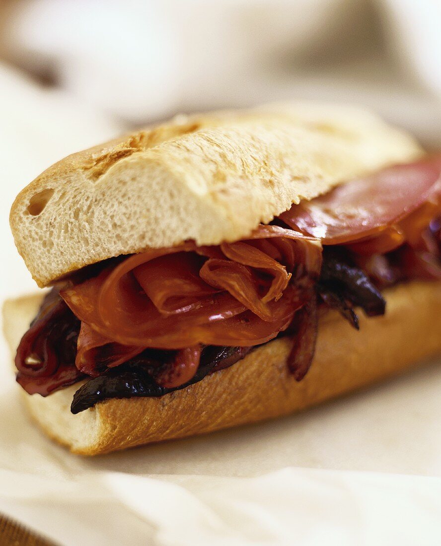 Pastrami and onion jam in a sandwich