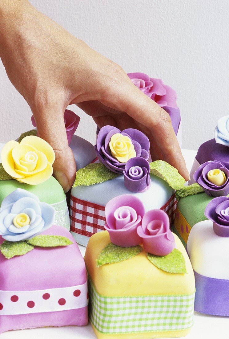 Decorated marzipan cakes