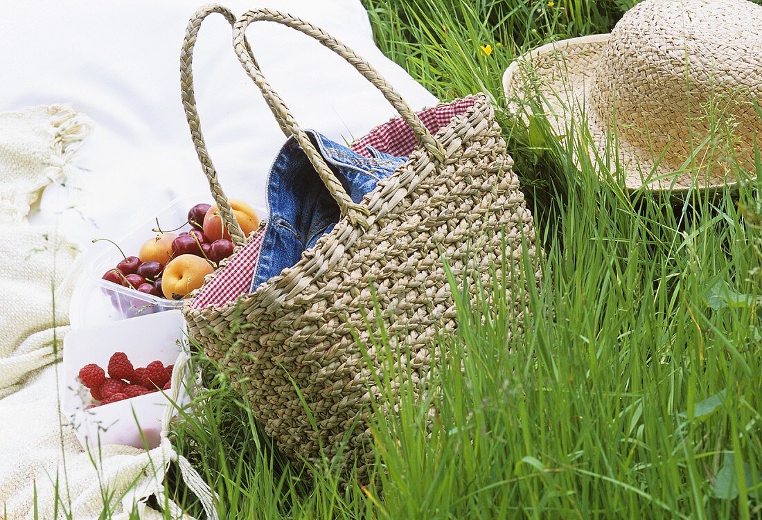 Früchte, Korbtasche und Strohhut im Gras