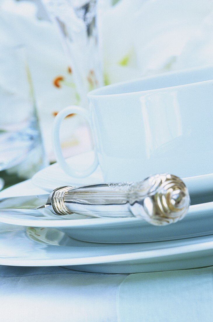 White place-setting with cup and knife