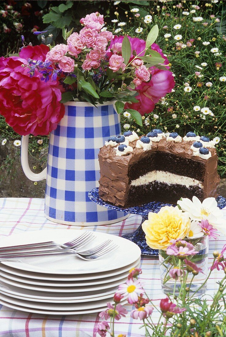 Chocolate cake with blueberries on table in the open air