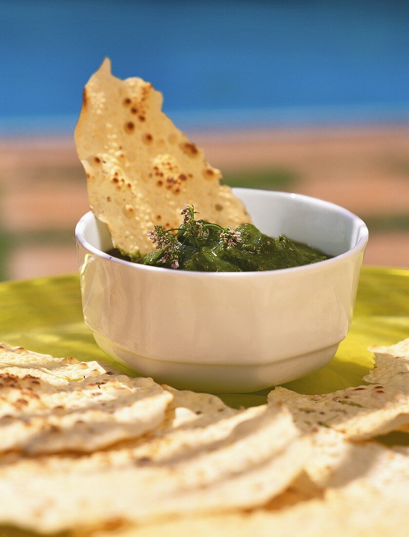 Pudina ka pachadi (mint chutney, India) with poppadom