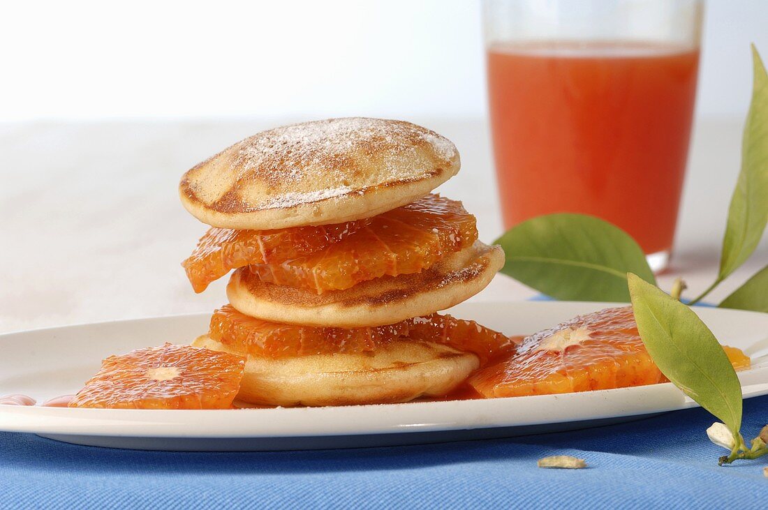Liwanzen (yeasted pancakes) with blood oranges