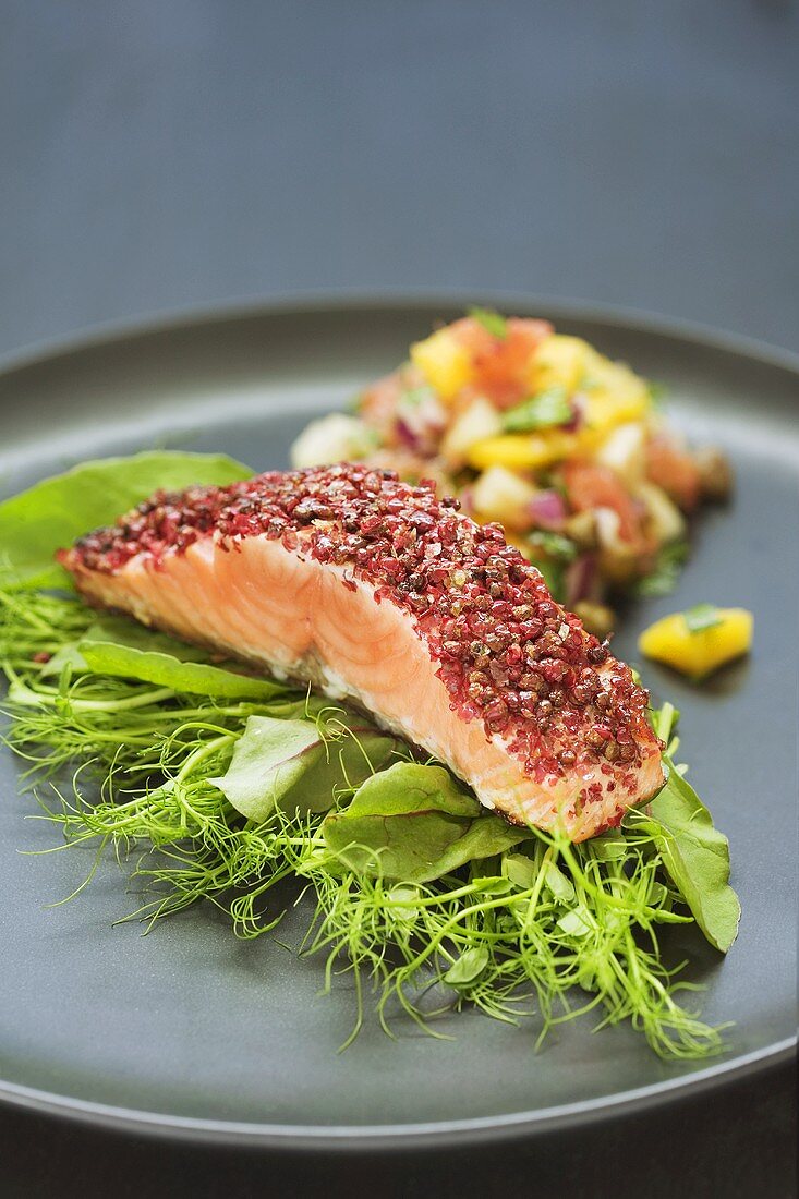 Salmon with pepper crust on salad leaves and mango salsa