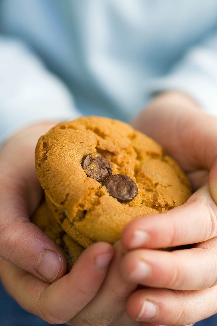 Child's hands holding chocolate chip cookies