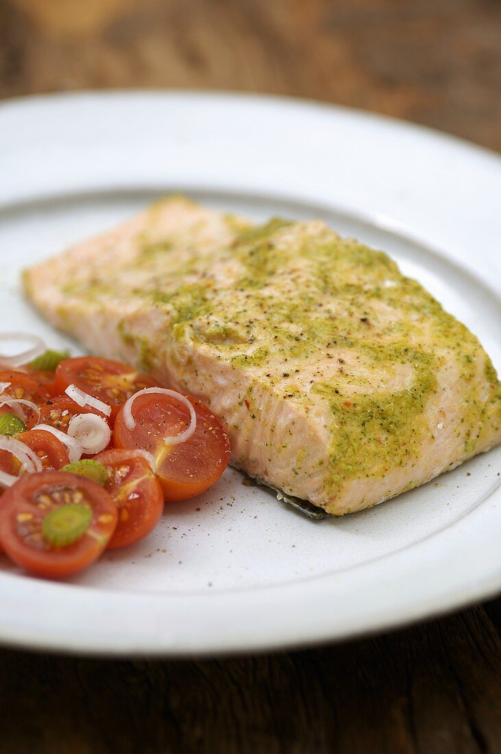 Steamed salmon with tomato salad