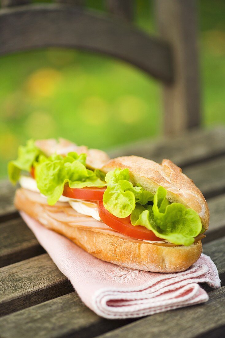 Chicken breast, cheese, tomato and lettuce in a sandwich