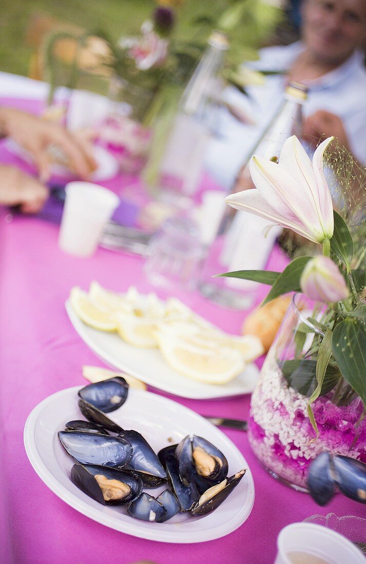 Mussels on table at a garden party