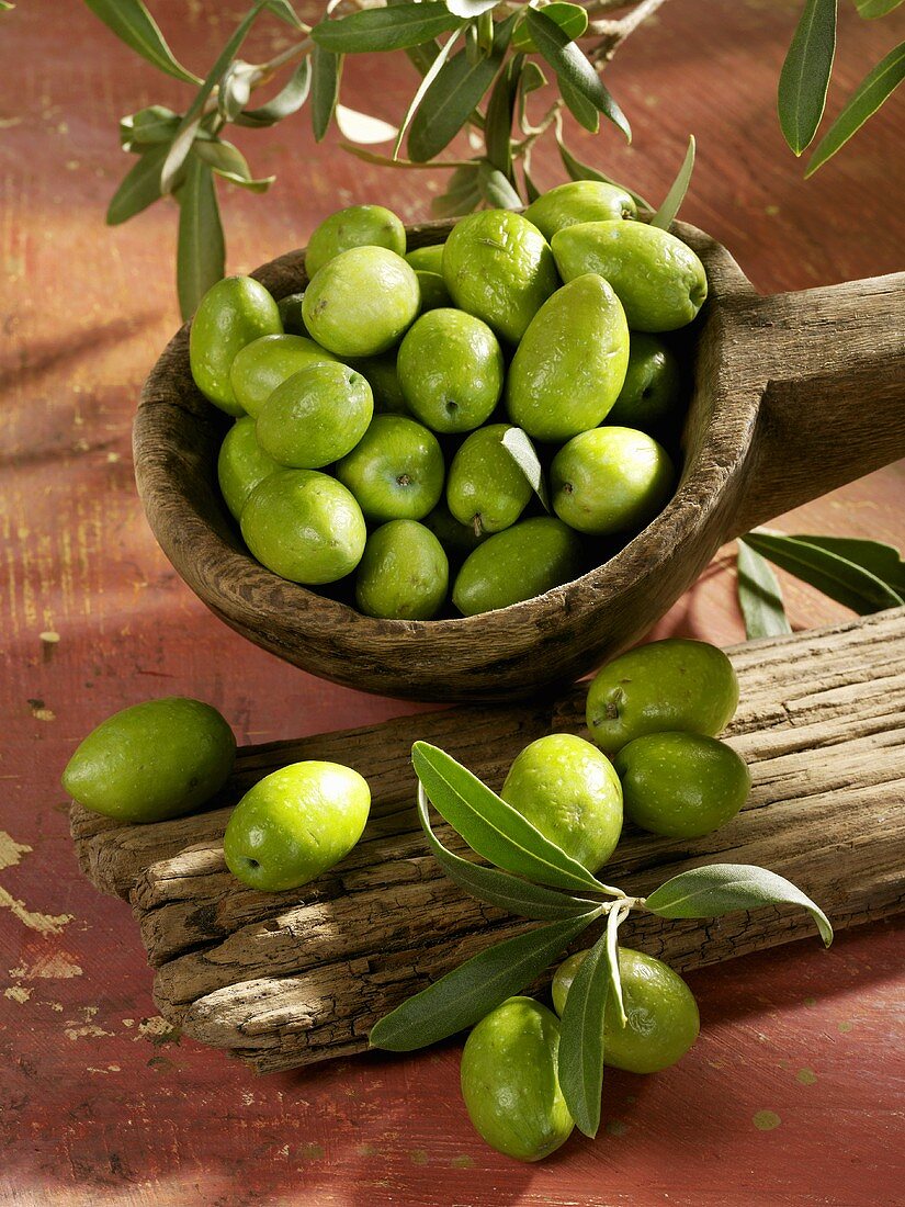 Frische grüne Oliven in einm Holzlöffel