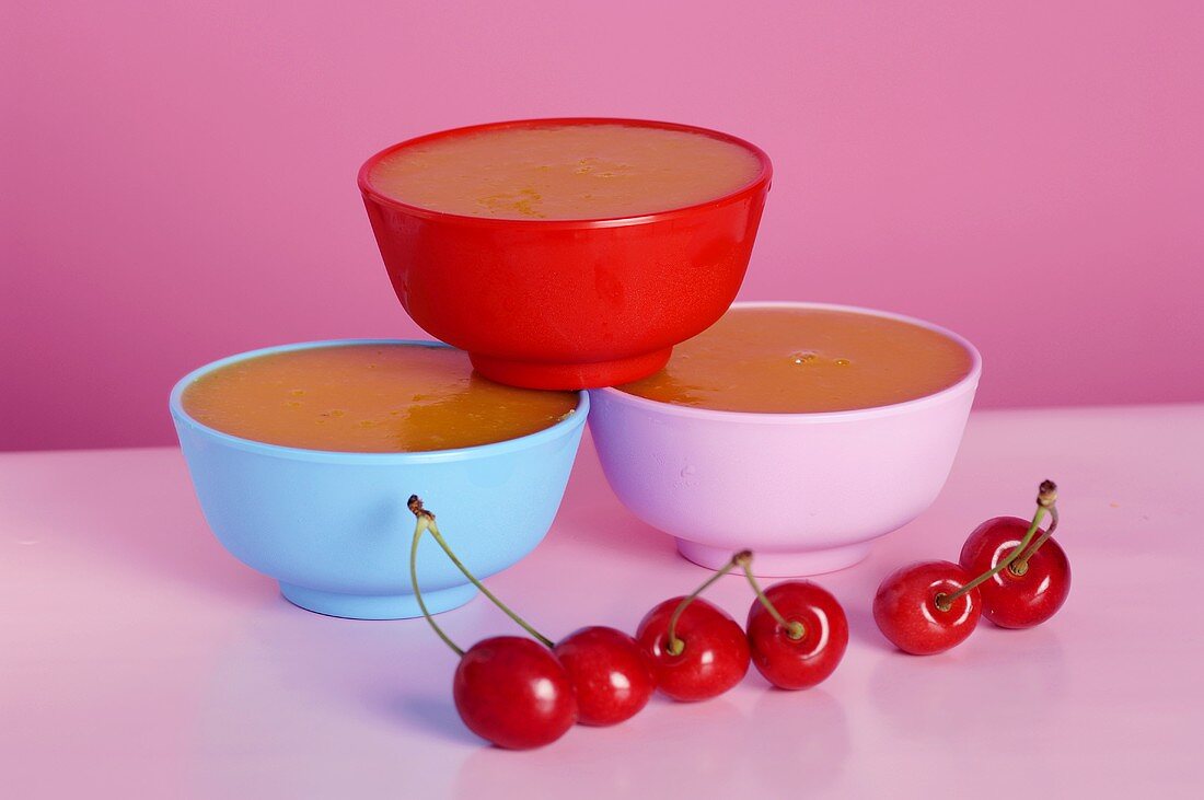 Cherry pudding in three bowls