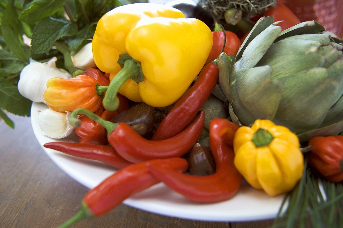 Bunte Gemüseschale mit Paprika und Artischocken