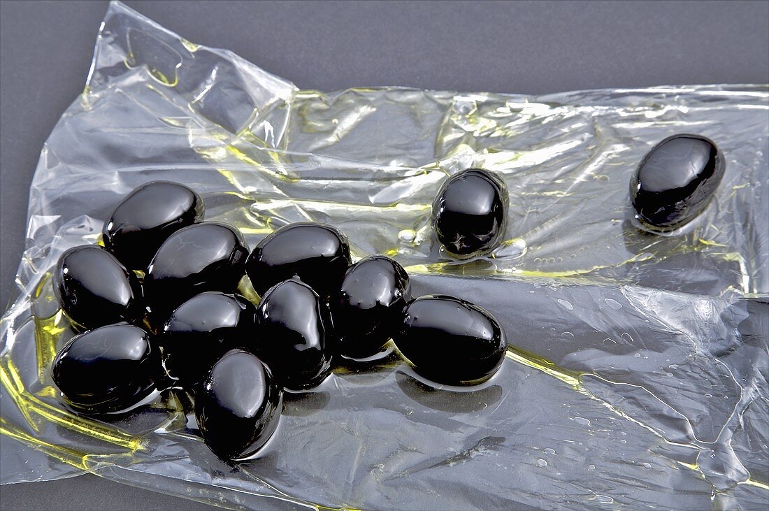 Kalamata olives on a plastic bag