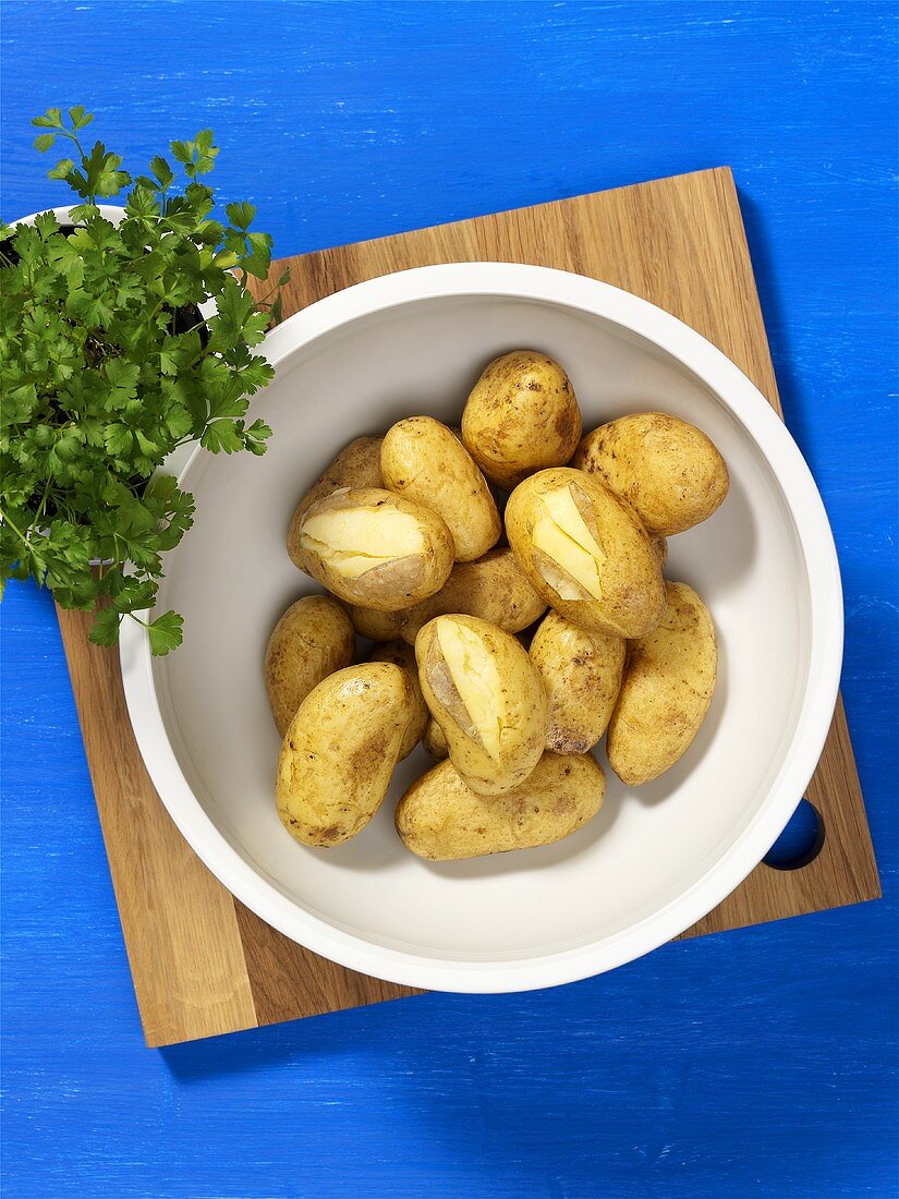 Boiled potatoes (unpeeled) in a bowl