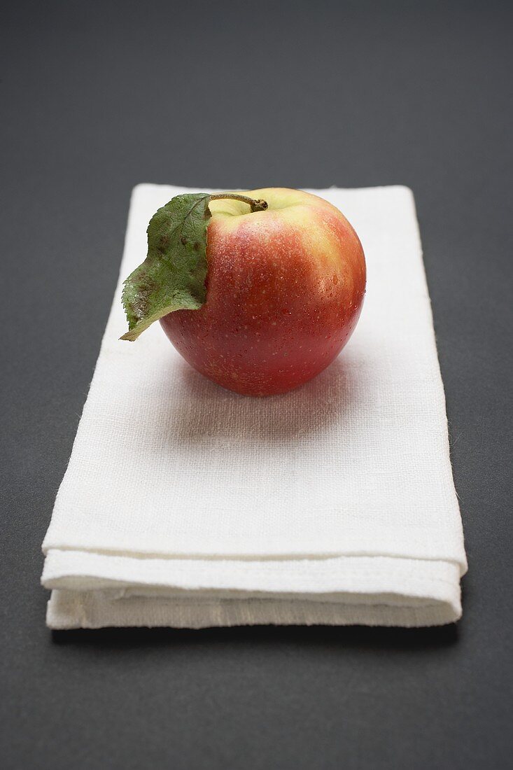 Elstar apple with leaf on linen cloth