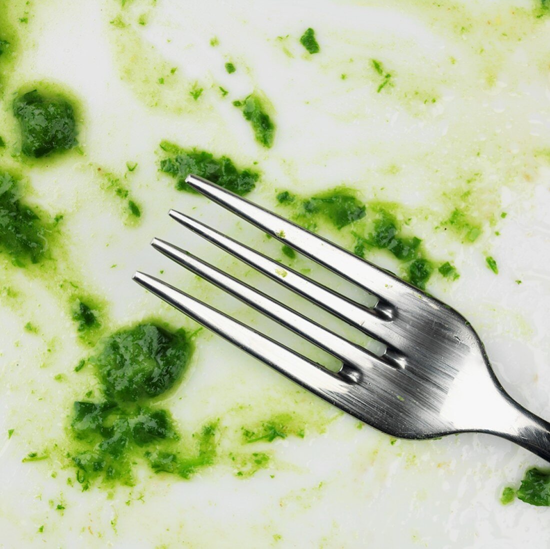Remains of spinach on plate with fork (close-up)
