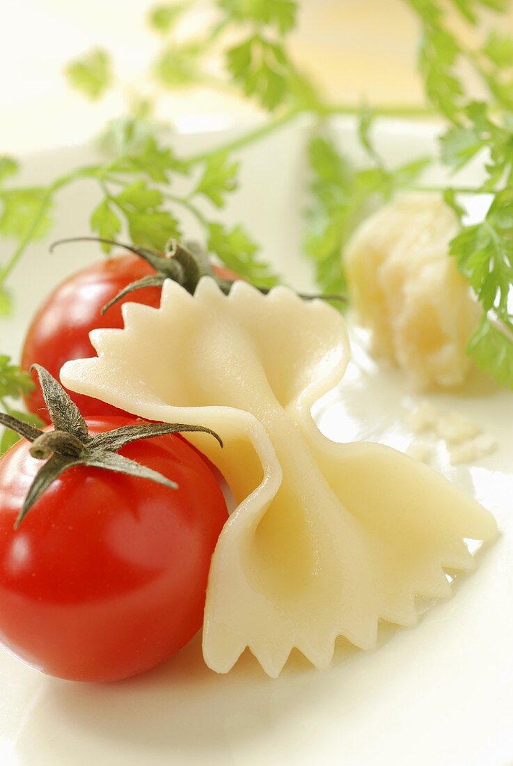 Stillleben mit Tomate, Farfalle, Petersilie und Parmesan