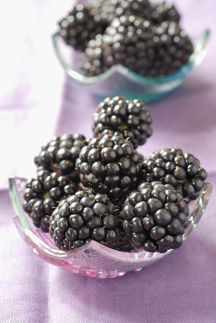 Fresh blackberries in glass dishes