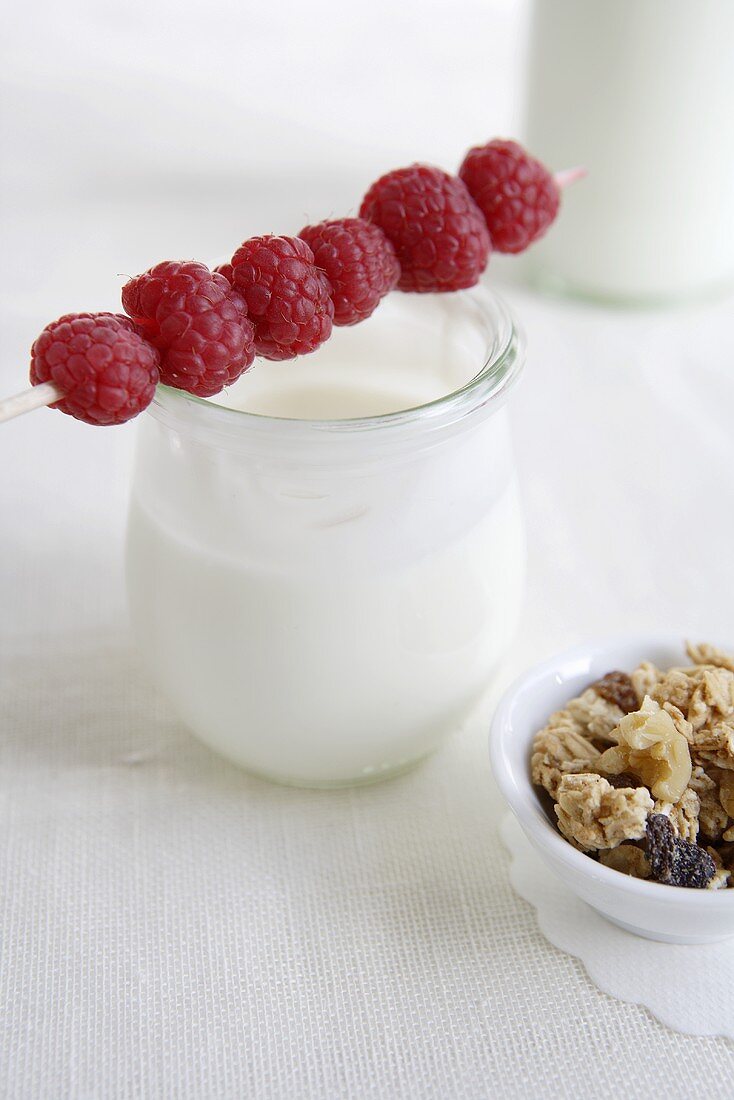 Raspberry skewer on yoghurt jar, cereal beside it