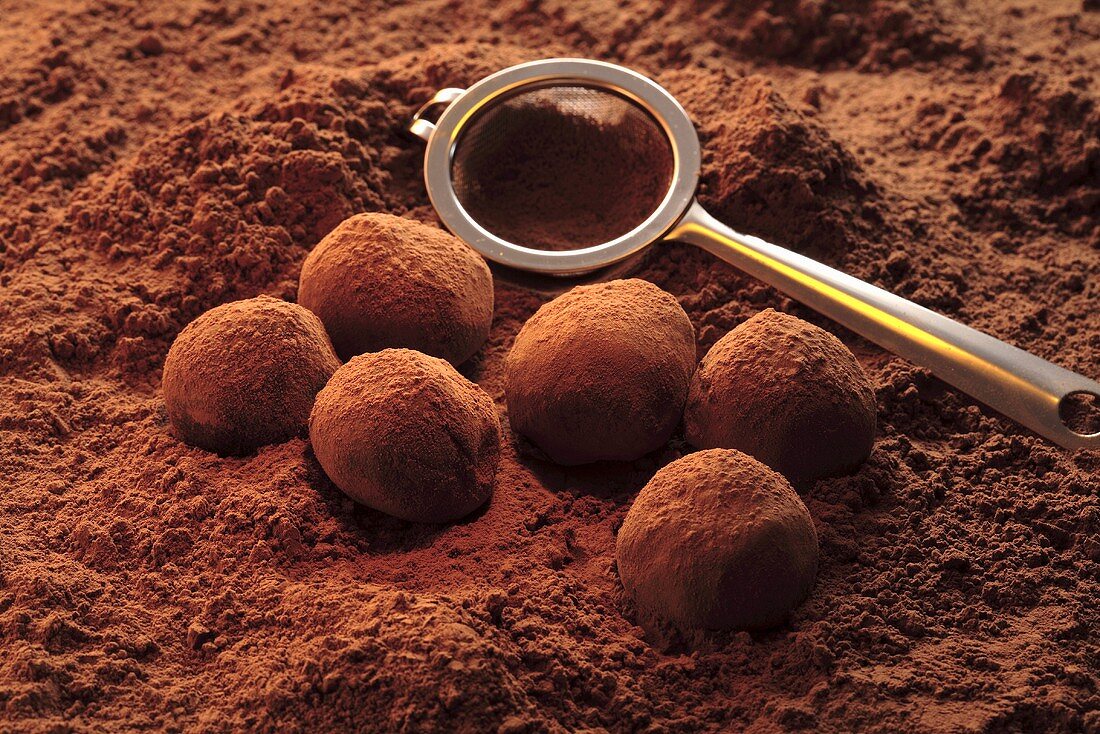 Rolling chocolate truffles in cocoa powder