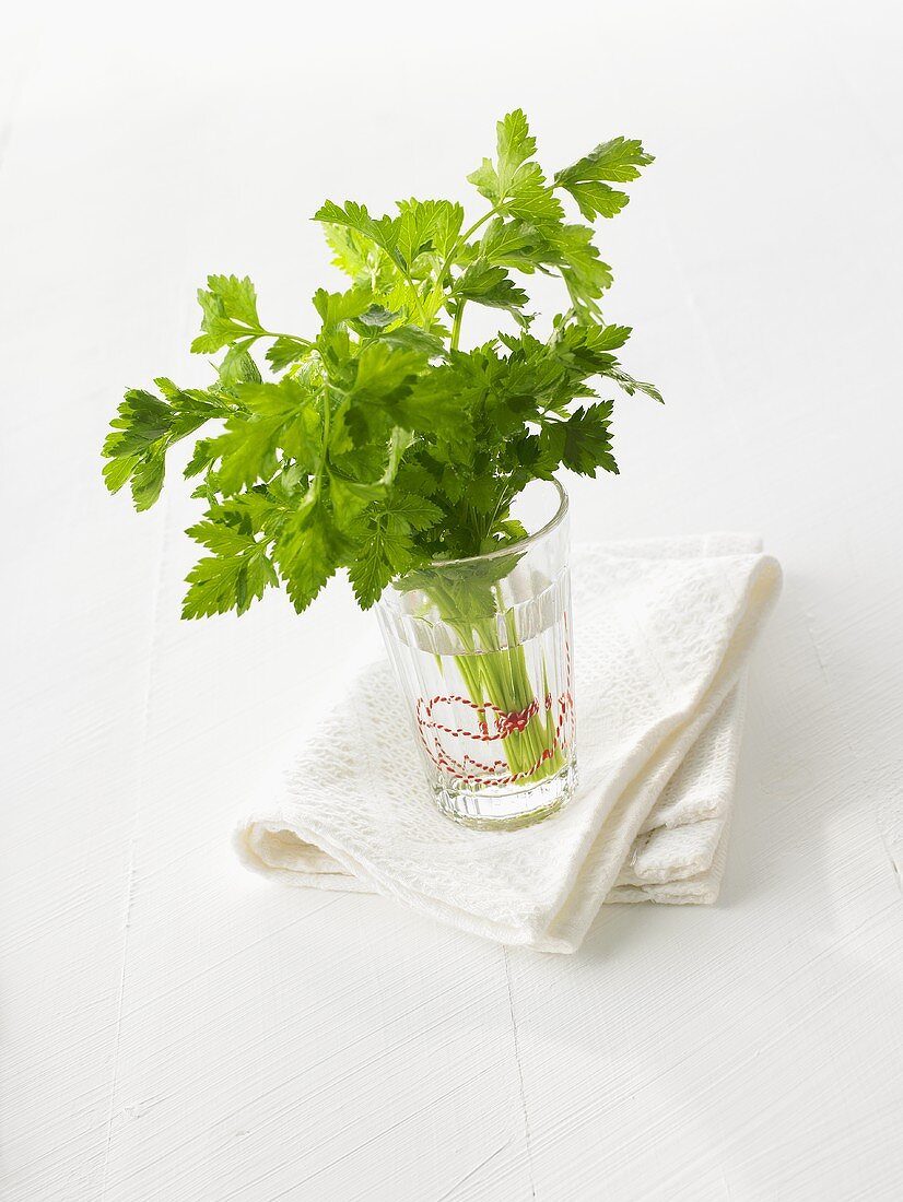 Fresh parsley in a glass of water on a tea towel