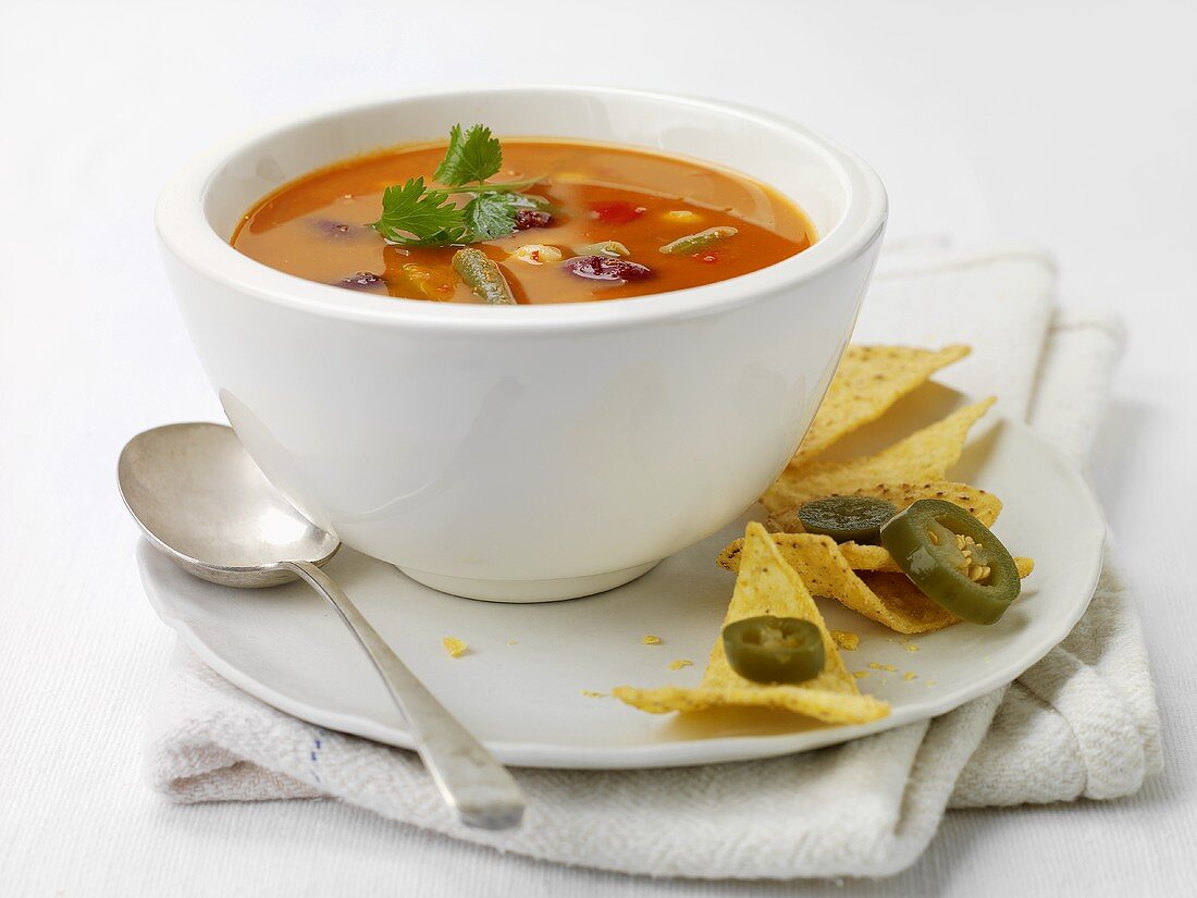 Bean soup with chillies and nachos (Mexico)