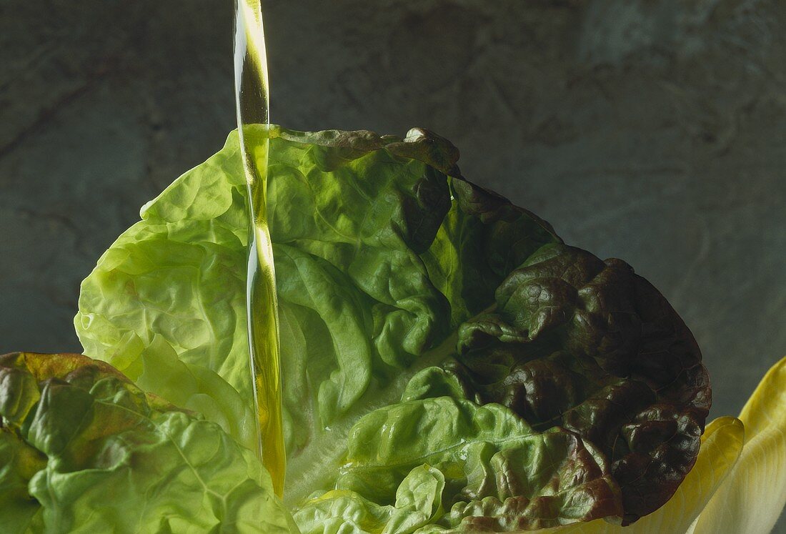 Olive oil being poured over batavia lettuce