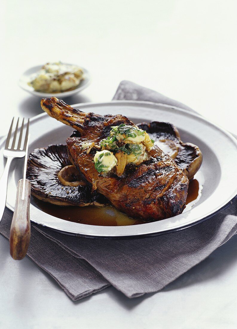 Grilled pork chop with field mushrooms