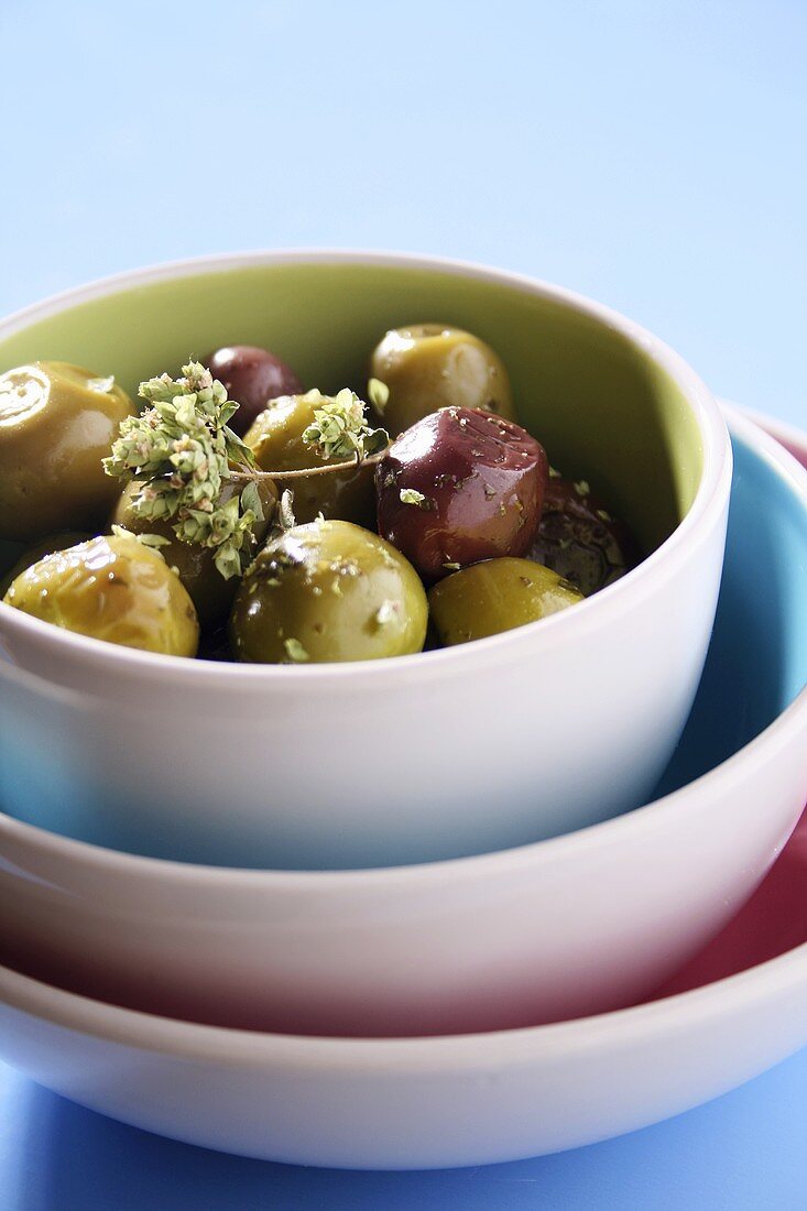 Pickled Greek olives in a small bowl