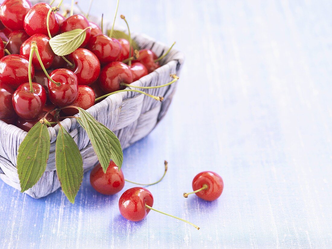 Fresh cherries in a small basket
