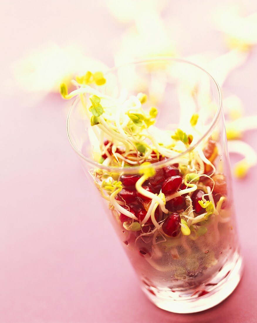 Pomegranate seeds and soya sprouts in glass