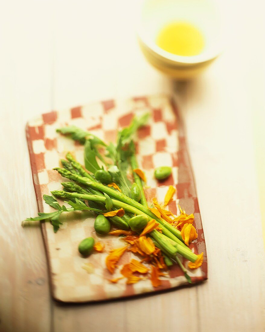 Asparagus and bean salad with edible flowers
